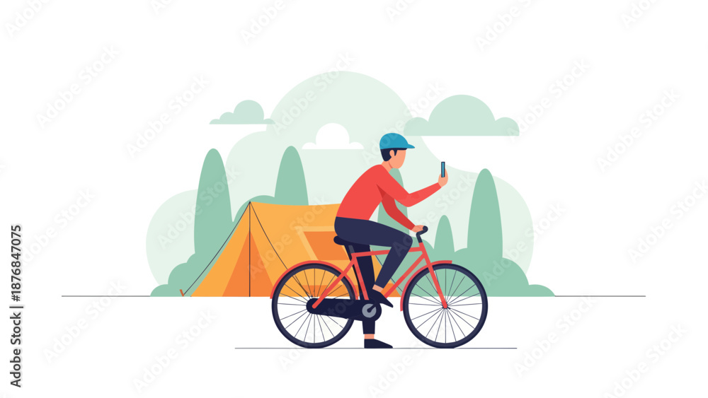 Fototapeta premium Adventurous Traveler Cycling Past Campsite Taking Photo With Mobile Phone