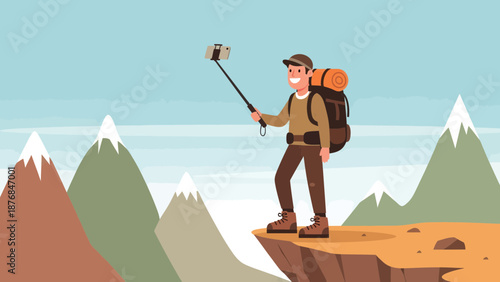 Adventurous Tourist Capturing Memories On Mountain Peak With Phone Camera And Selfie Stick