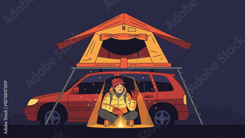 Adventurous Car Camping Under Starry Night Sky With Rooftop Tent