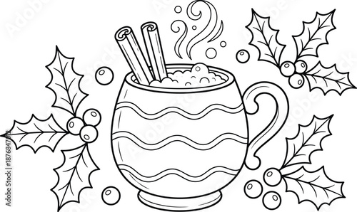 PrintCozy winter hot cocoa mug with cinnamon sticks and holly berries, Christmas coloring page for kids, festive line art illustration,
