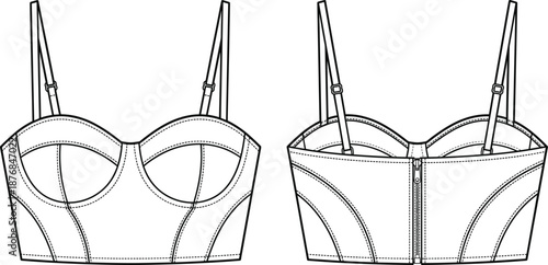 PrintBustier, Crop, Top, Fashion, Technical, Sketch, With, Adjustable, Straps, And, Back, Zipper, Detail, Vector, Template, For, Garment, Design, Manufacturing, Flat, Drawing,