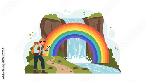Adventurous Tourist Navigating Near Majestic Waterfall With Beautiful Rainbow View