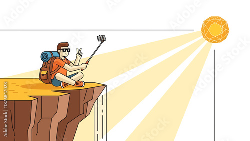 Adventurous Tourist Capturing Mountain View On Cliff Using Selfie Stick And Backpack