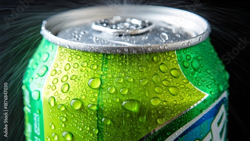 Close-up of a condensation-covered green soda can on a reflective surface, emphasizing freshness and refreshment