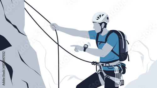 Adventurous Climber Ascending Rock Face While Monitoring Progress With Smartwatch