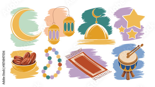 Islamic Elements: A vibrant illustration showcasing the key symbols of Islamic culture, perfect for designs celebrating faith, tradition, and spirituality.