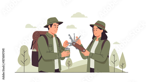 Adventurous Couple Exploring Nature Together With A Versatile Multi Tool