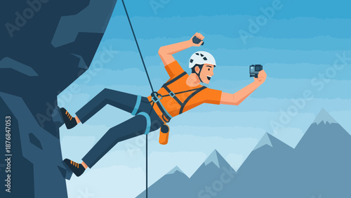 Adventurous Climber Taking Selfie On Cliffside Exploring Extreme Outdoor Sports