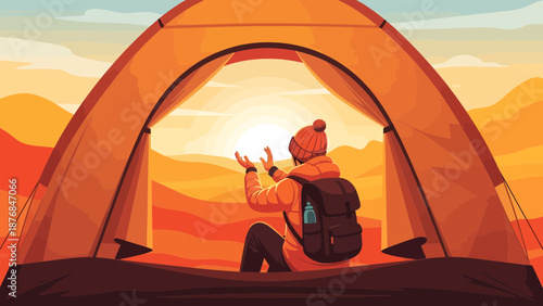 Adventurous Traveler Admiring Sunrise From Inside Tent At Desert Camp Site