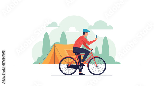 Adventurous Traveler Cycling Past Campsite Taking Photo With Mobile Phone