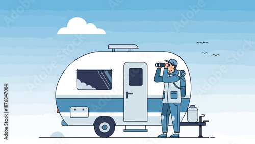 Adventurous Traveler Exploring Nature With Binoculars Next To Travel Trailer
