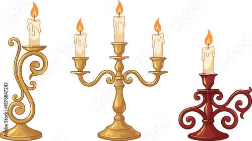 PrintSet of vintage golden and bronze candelabra with burning wax candles, ornate classical candle holder illustrations isolated on white background,