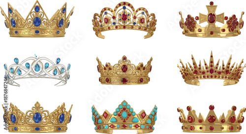 PrintRoyal crown collection illustration, ornate jeweled headpiece vector graphic, luxury regal design outline icon, historical monarchy decorative sketch art set