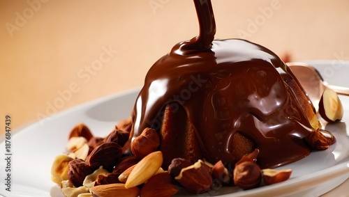 Rich chocolate dessert with nuts and caramel drizzle on white plate