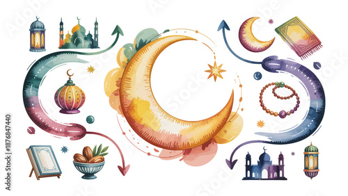 Ramadan Celebration:  A watercolor illustration showcases traditional elements associated with the holy month. Featuring the crescent moon, mosque, lantern, and prayer beads.
