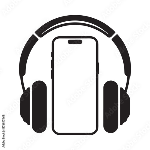 Headphones and smartphone combined in a simple black and white graphic
