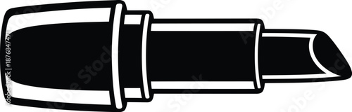 Stylized black and white illustration of open lipstick with angled tip, isolated on white background, beauty product icon