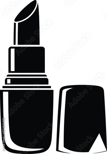 Stylized black and white image of an open lipstick tube with cap lying next to it, clean design for beauty products