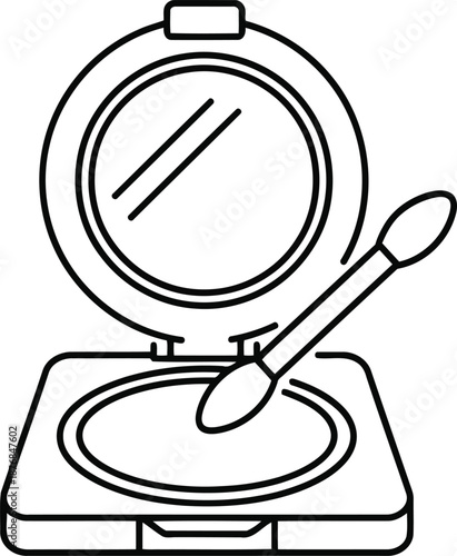 Line art illustration of round makeup compact with mirror and sponge applicator stick for beauty and skincare concept design