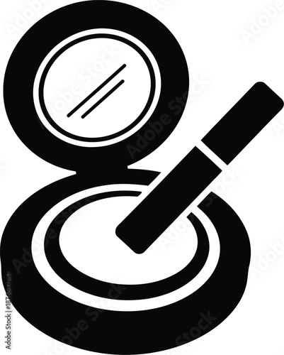 Round compact powder with an open lid revealing a mirror and a small makeup brush on top