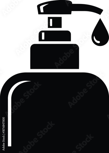 Black silhouette icon of a liquid soap dispenser with a push pump mechanism releasing a falling drop over a clean white background