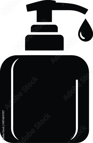 Black silhouette icon representing a square liquid soap dispenser bottle with a top pump releasing a smooth stream of fluid