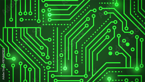 Abstract green circuit board background with glowing nodes and motherboard digital microchip lines for computer technology and electronic hardware concepts