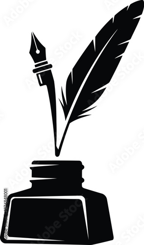 Elegant quill pen and inkwell, classic writing tool in black and white, symbolizing creativity and literature