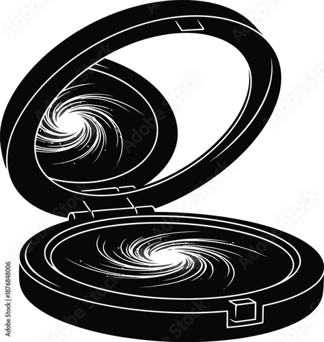 Cosmic spiral design within tilted compact mirror, black and white artistic representation of vanity and universe mystery