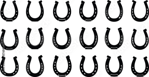 Black horseshoe silhouettes for luck symbol, metal shoe icons, equestrian equipment collection, western farm design, vector illustration, isolated shapes