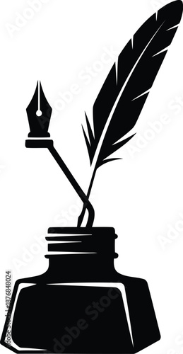 Vintage quill pen and inkwell illustration graphic, symbol of writing and literature, isolated on white background.
