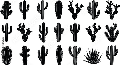 Cactus and desert plant silhouettes, saguaro prickly pear agave shapes, arid landscape botanical collection, black vector illustration, isolated forms