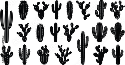 Cactus silhouettes collection, desert plant icons, saguaro and prickly pear shapes, arid botanical elements, black vector illustration, isolated designs