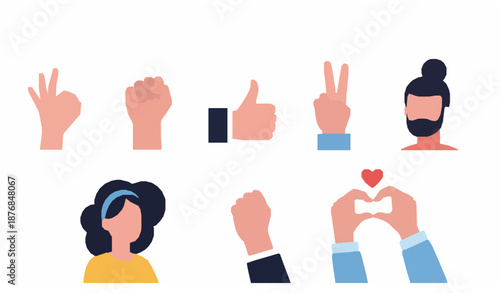 Positive human emotions expressed through hand gestures flat vector illustration set