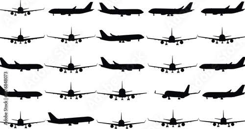 Commercial airplane silhouettes in flight, passenger jet aircraft views, aviation travel transport collection, black vector illustration, isolated aircraft shapes