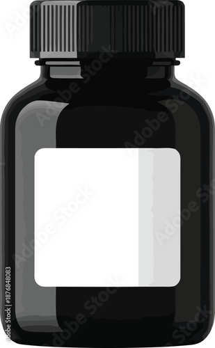 Black pharmaceutical bottle mockup with blank white label isolated on white background for medical or supplement packaging