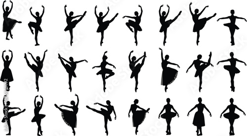 Ballet dancer silhouettes performing classical poses, elegant female dance movements, artistic performance figures, black vector illustration, isolated graceful forms