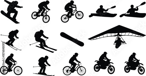 Extreme sports athlete silhouettes, snowboarding cycling kayaking skiing motocross actions, outdoor adventure activities, black vector icons, isolated dynamic figures
