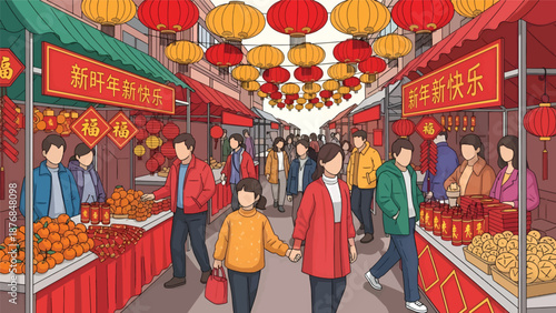 Vibrant Street Market Scene with Lanterns and People.