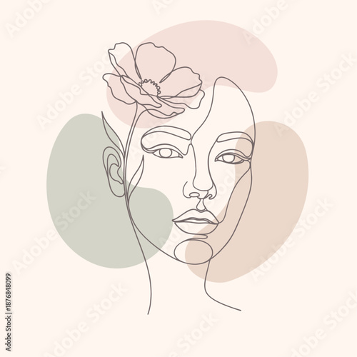 Abstract One Line Lady Face with Leaves and Flowers – Modern Feminine Beauty Vector