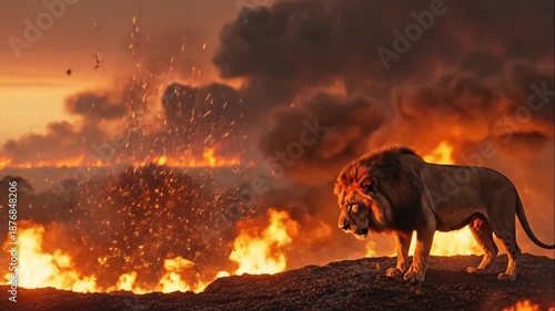 Lion Roaring in Wildfire Apocalypse Sunset