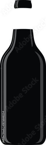 Sleek black beverage bottle vector with detached cap floating in air minimalist icon for soft drink branding and packaging