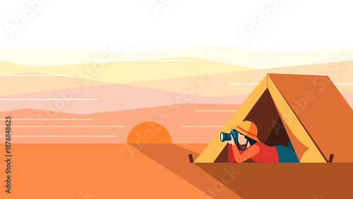 Adventurous Woman Camping Enjoying Natural Beauty Through Camera In A Tent