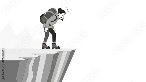 Astonished Female Hiker Gazing Down From Cliff Edge With Overloaded Backpack Cartoon