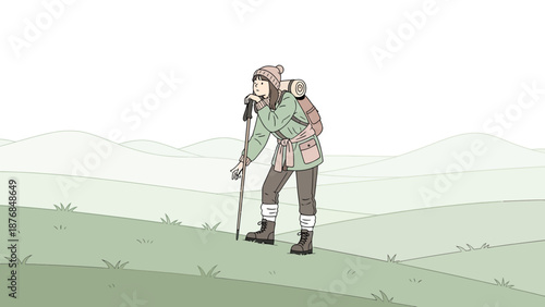 Adventurous Woman Hiking Through Rolling Hills With Backpack And Trekking Pole