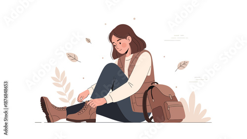 Adventurous Woman Prepares For Hike Tying Shoelace With Backpack Autumnal Scene