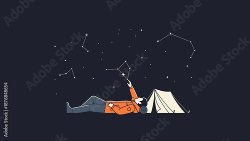 Astro Camping Trip Stargazing Under Night Sky Constellations With Tent