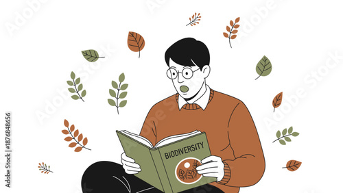 Astonished Man Discovers Secrets Of Biodiversity Through Reading Open Book