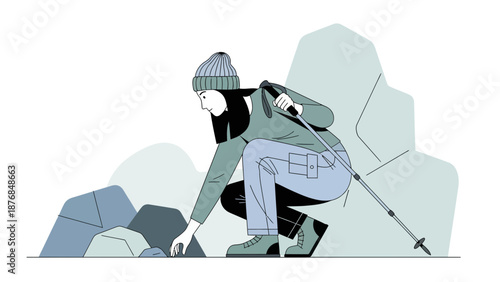 Adventurous Woman Reaching Rocks While Hiking in Mountains With Trekking Pole