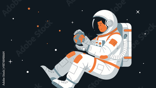 Astronaut Contemplating A Small Earth In Space Exploration Concept